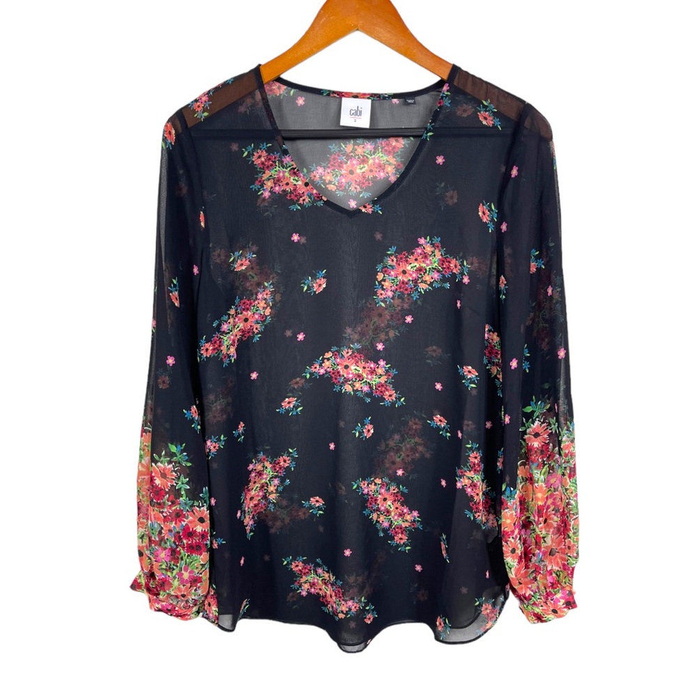 ❗️Cabi Women's S Small Black Blooming Floral Print Sheer Style #3594 Top